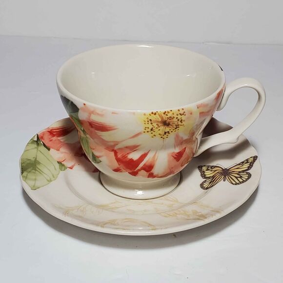 222 Fifth Teacup and Saucer Pink Flower Butterfly - Picture 2 of 10